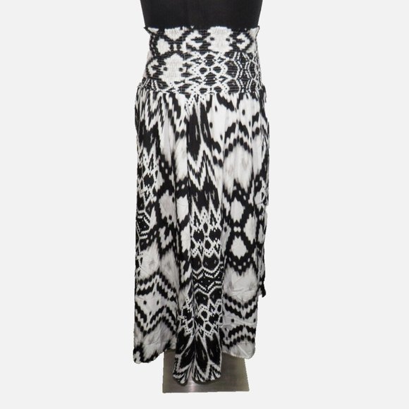 Attention Women's Black White Abstract Print Smocked Waist Midi Skirt Size Large - Picture 7 of 8